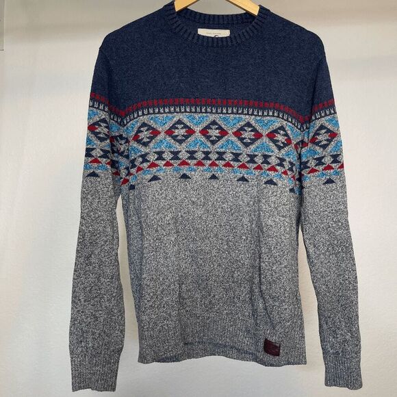 Hollister Mens Fair Isle Crew Neck Sweater Blue Gray Knit Pullover - Picture 2 of 8
